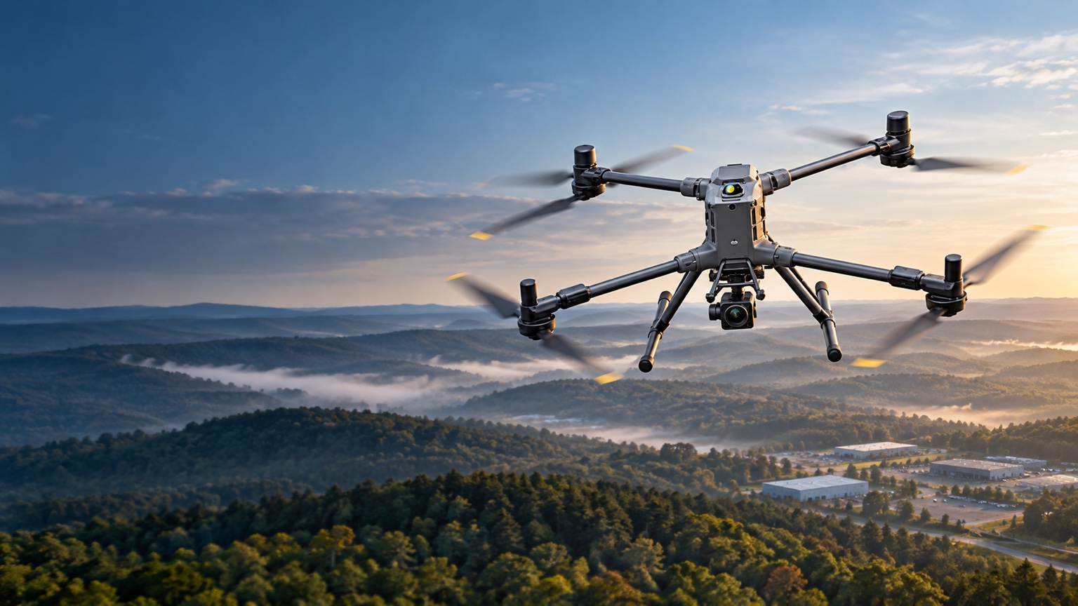 Illustrative commercial quadcopter over wooded hills and industrial facilities